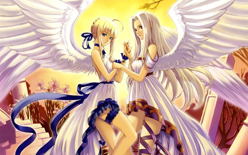Two Angelic Figures — White, Serene, Sunset, Anime, Wings, Dresses, Ribbons, Yellow