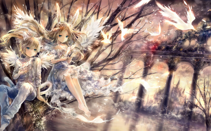 Two Angelic Figures — White, Serene, Sunset, Digital Art
