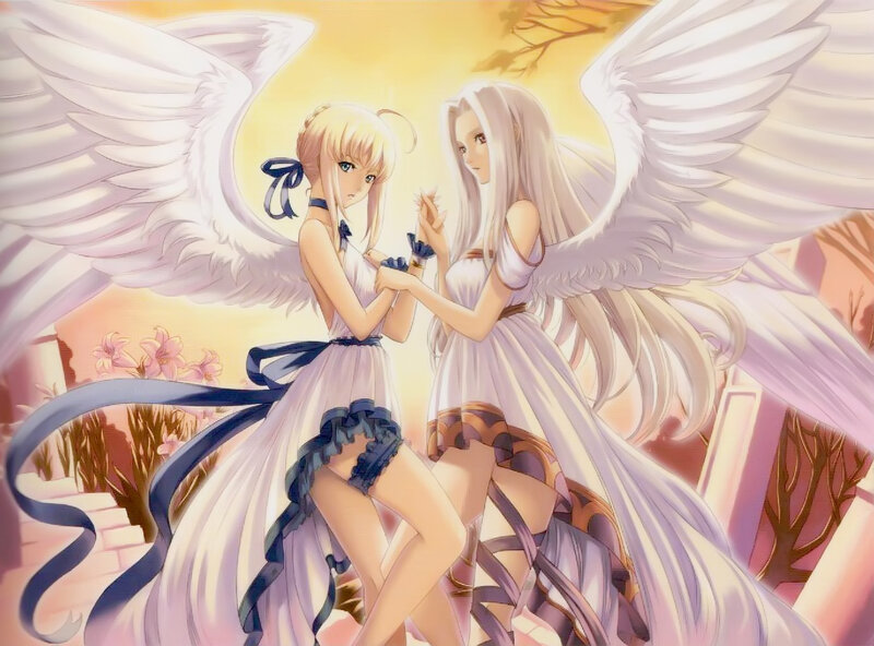 Two Angelic Figures — White, Serene, Sunset