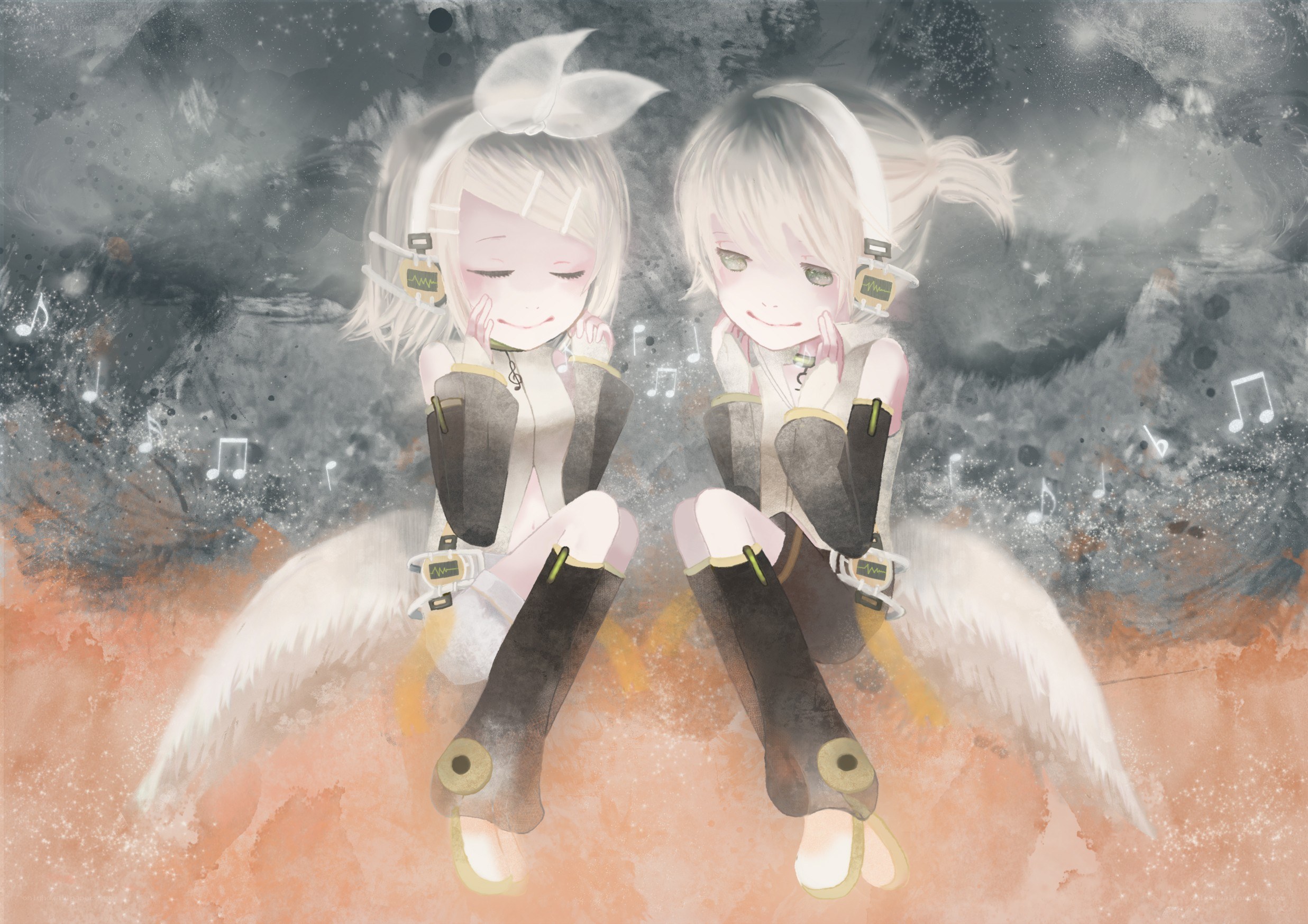 Two angelic figures with headphones