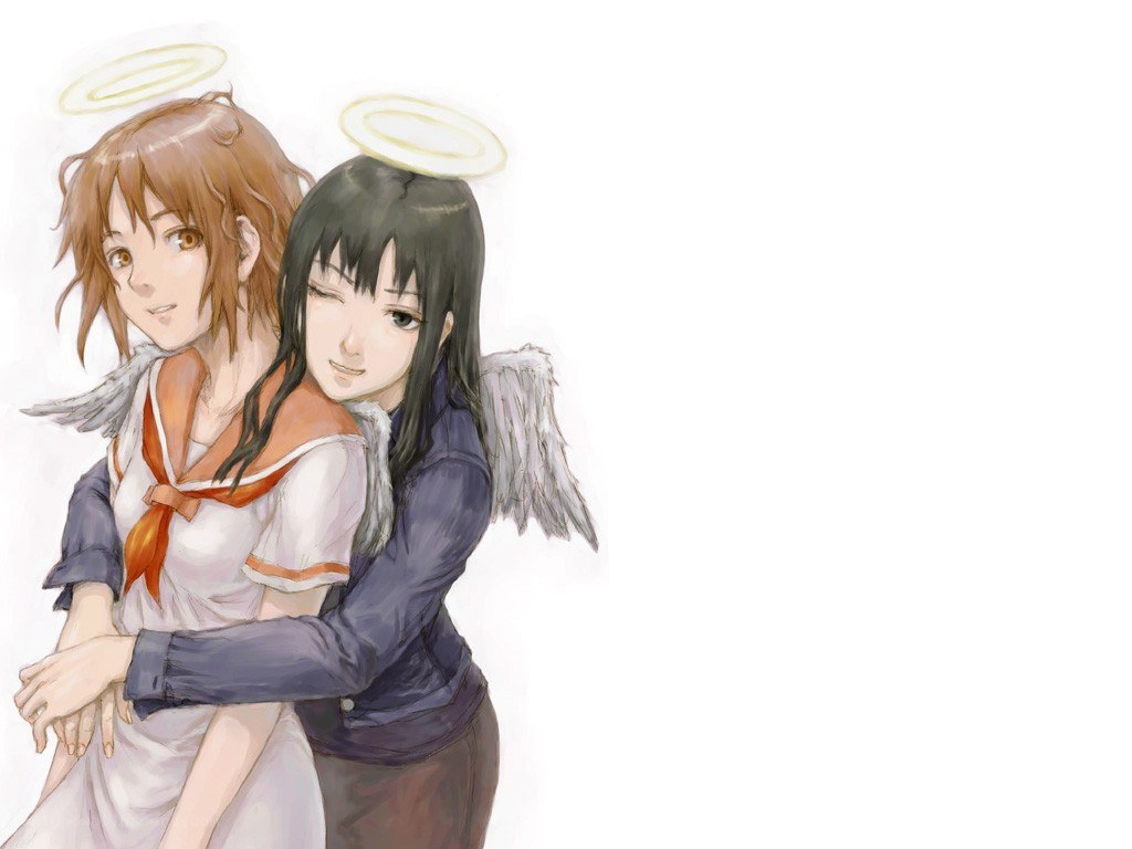 two angelic girls hugging