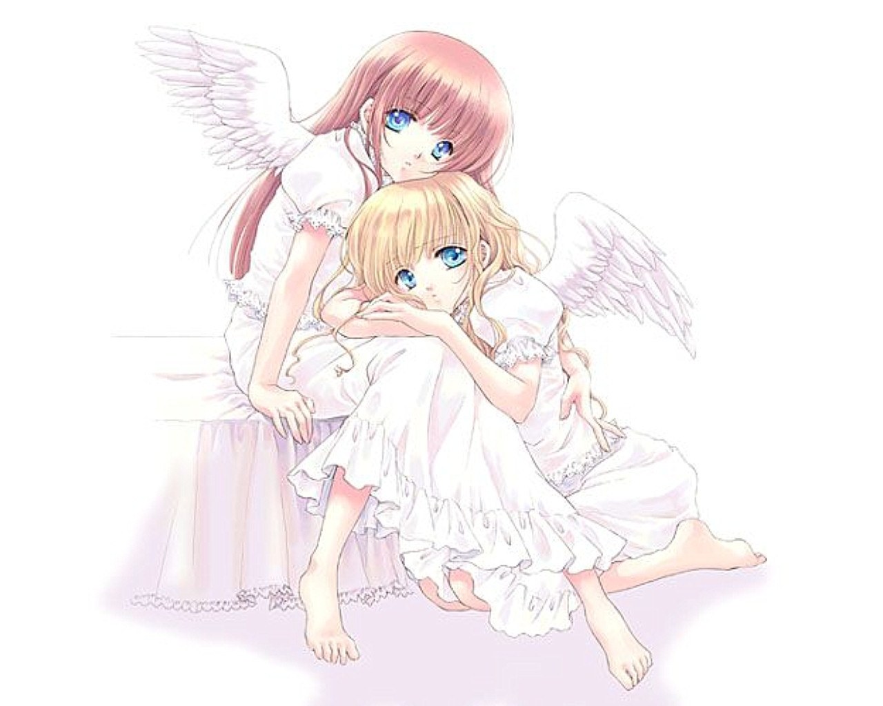 two angelic girls hugging