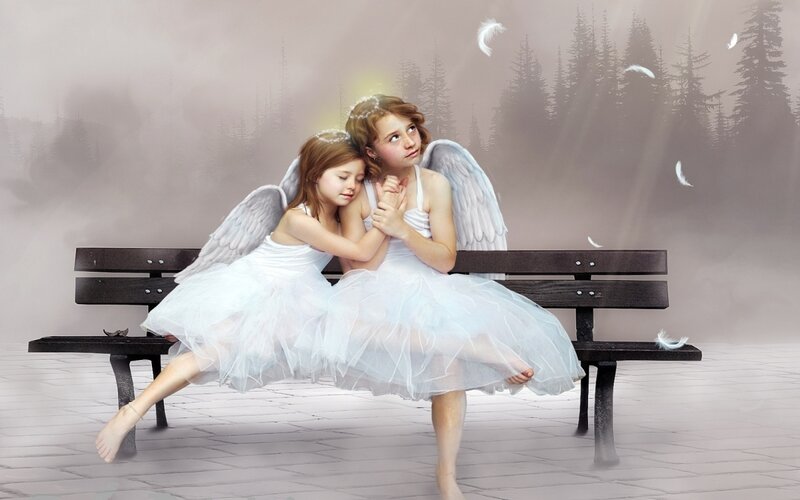 Two Angelic Girls on Bench