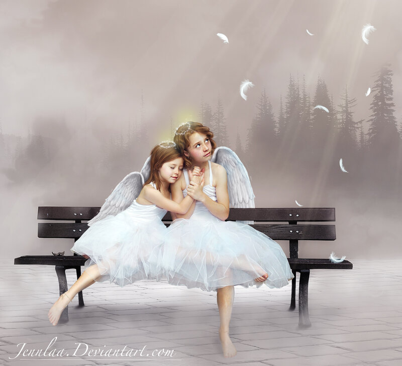 Two Angelic Girls on Bench — White