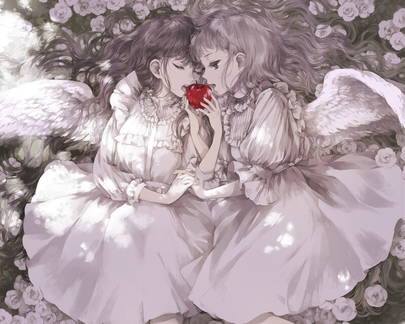 Two Angelic Girls Sharing an Apple