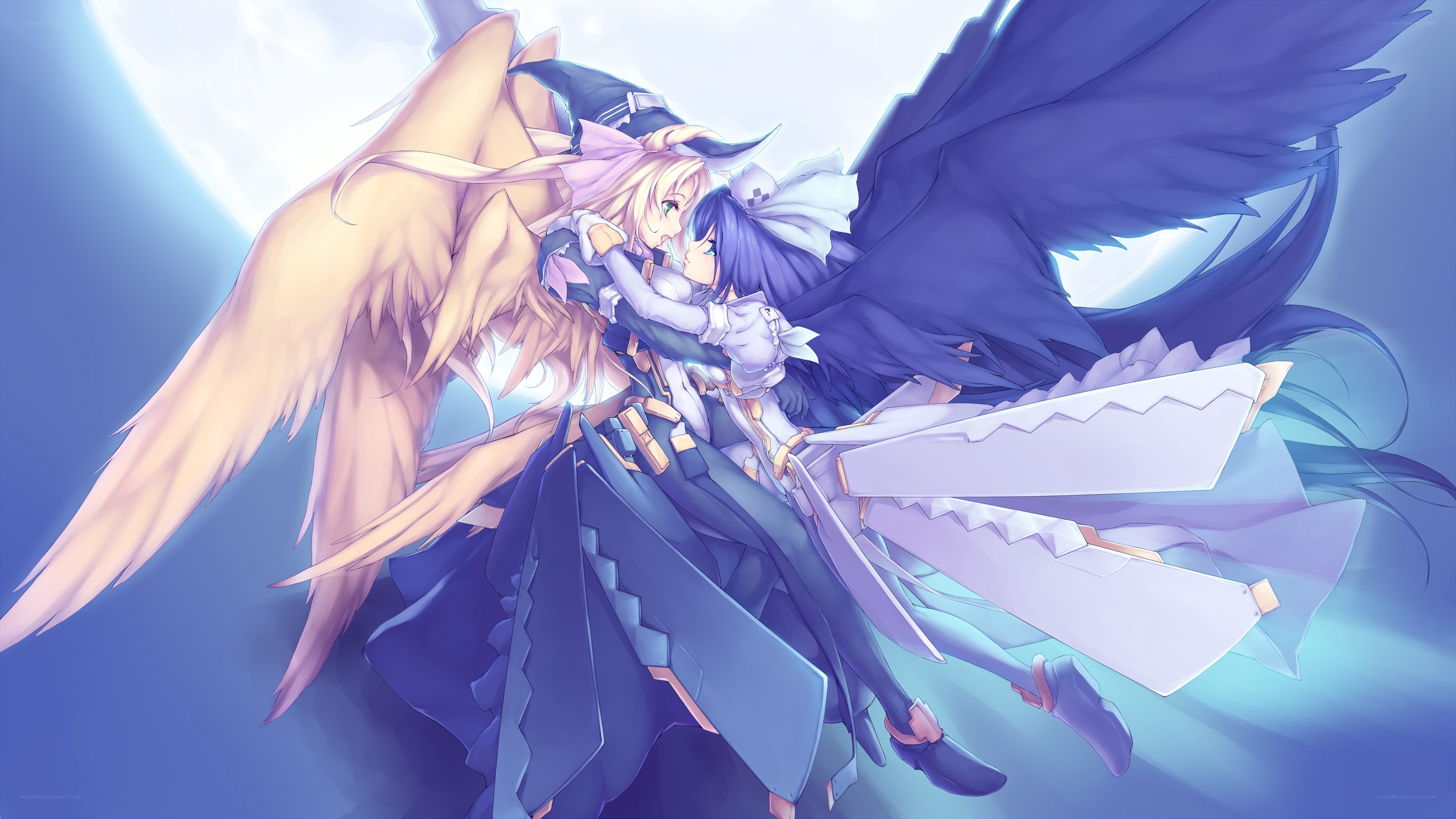 two angels embracing in flight