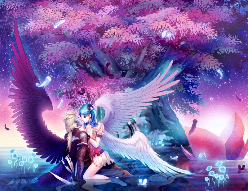 Two Angels Embracing — Purple, Serene, Night, Digital Art
