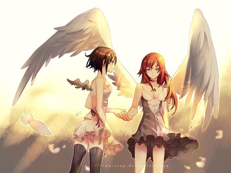 two angels holding hands