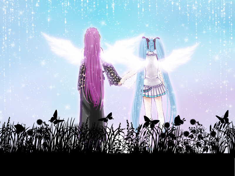 two angels holding hands