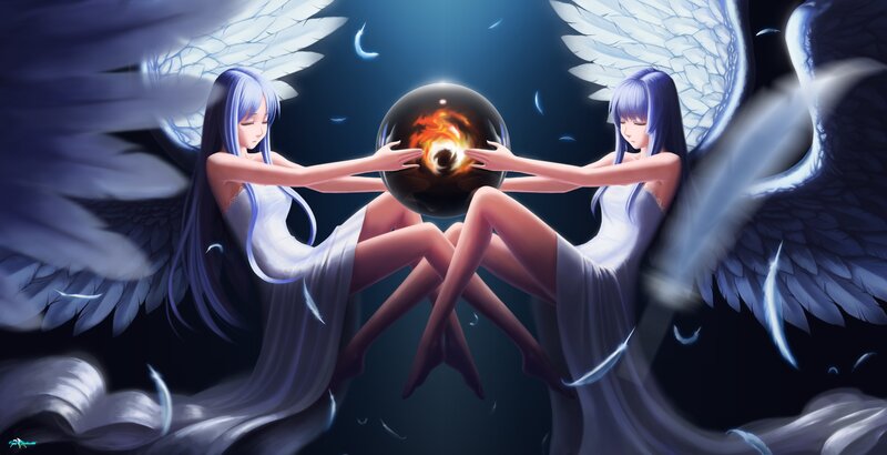 Two Angels Holding Orb — Blue