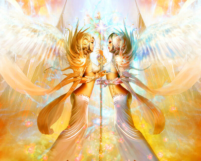 Two Angels Holding Staff — Gold