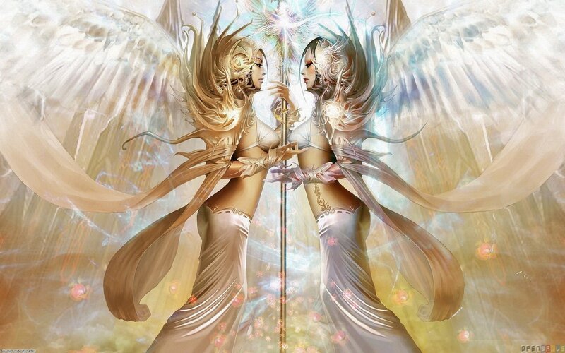 Two Angels Holding Staff — White, Serene