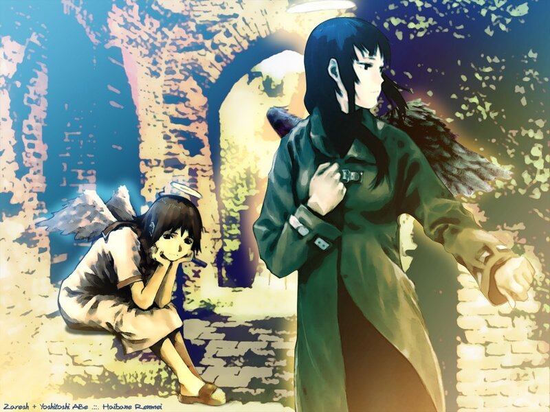 Two angels in a ruined city