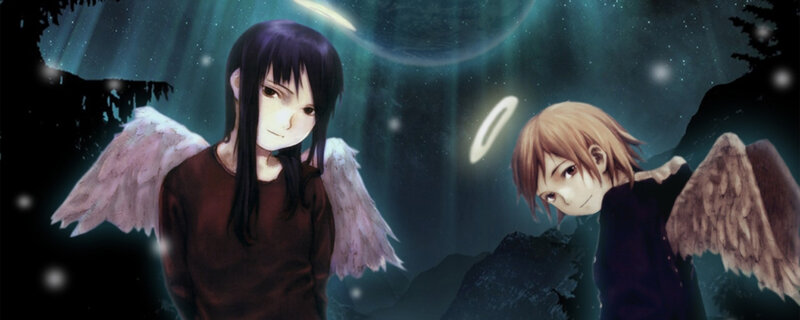 two angels in a starry forest