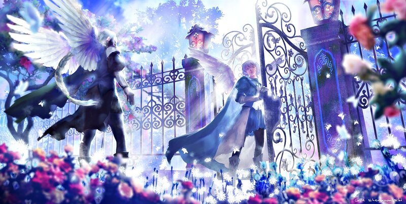 Two Angels in Garden — Blue