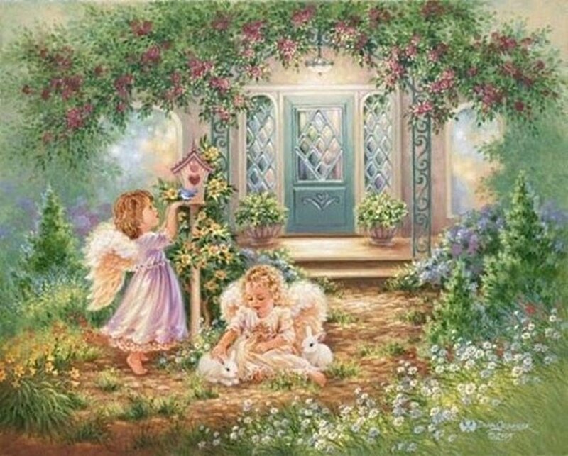 Two Angels in Garden — Green