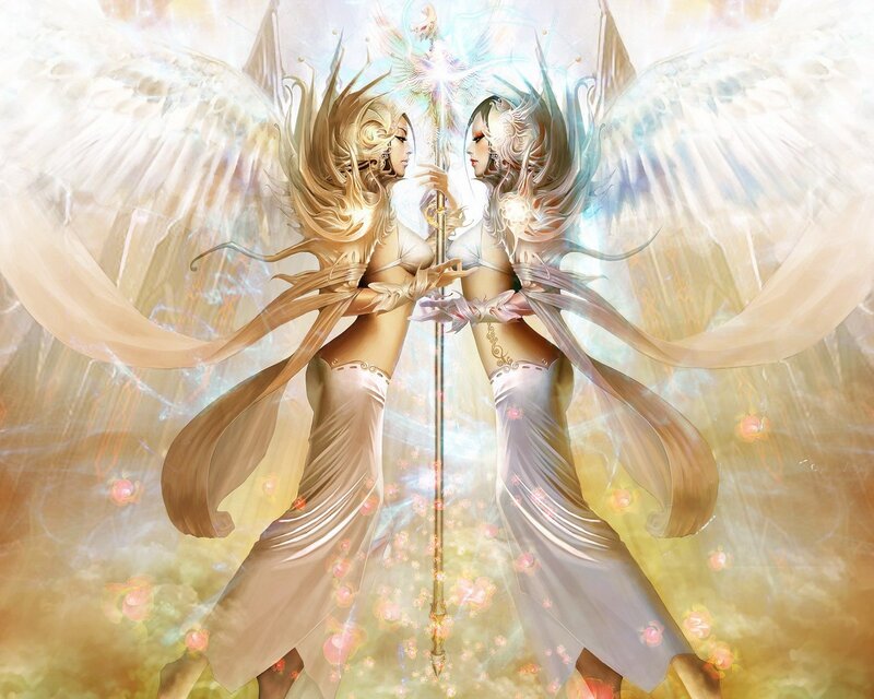Two angels with a staff
