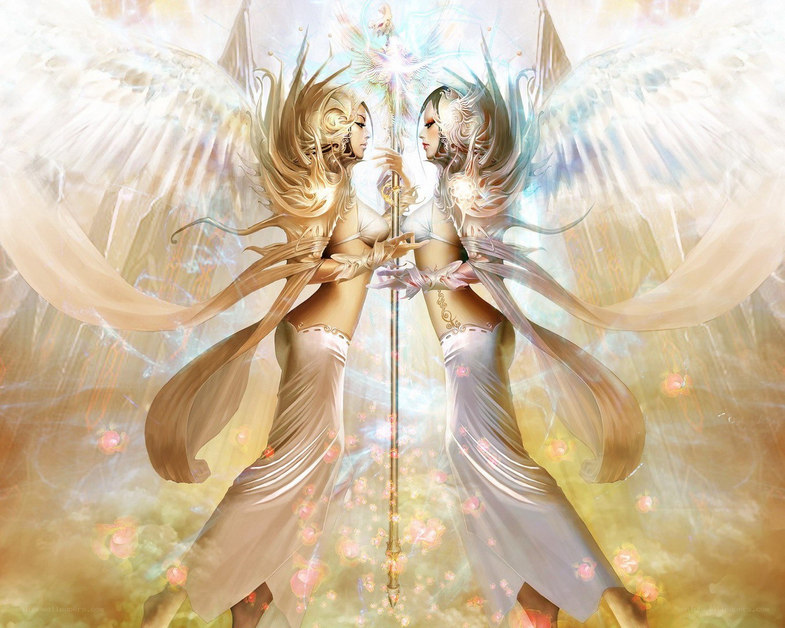 Two angels with a staff