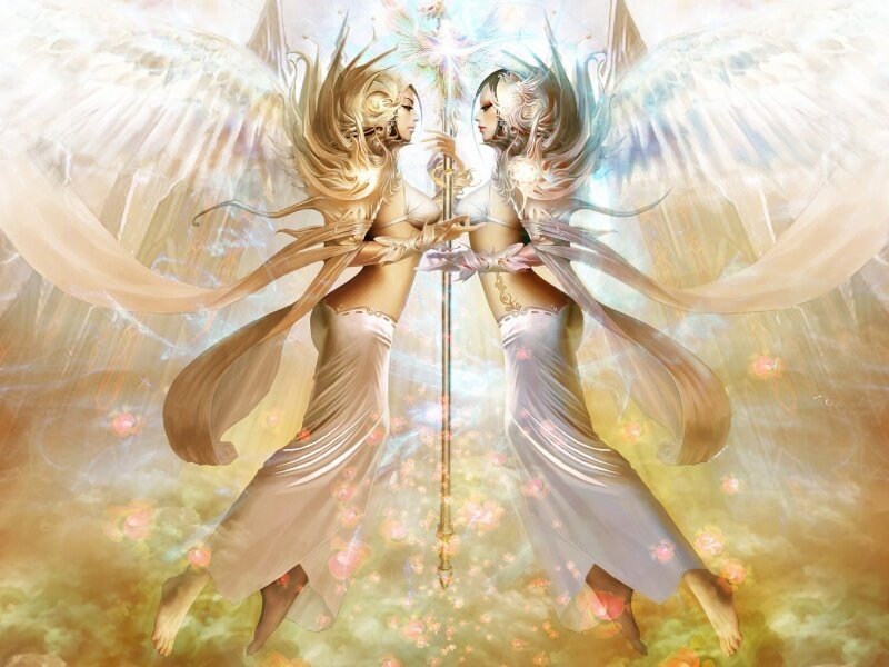 Two angels with a staff