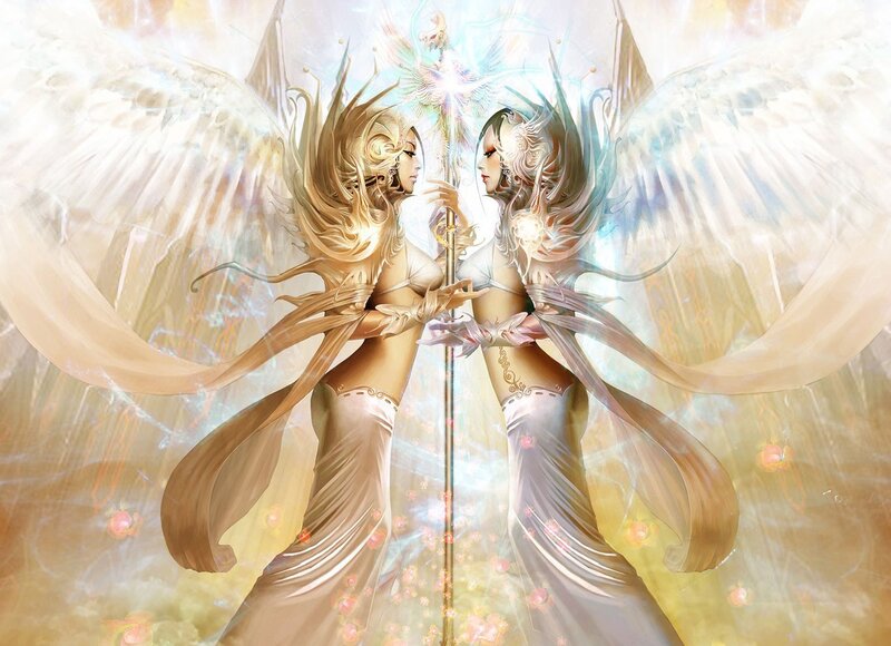 Two angels with a staff