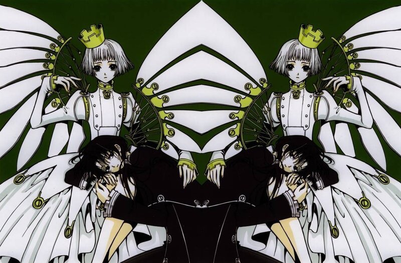 Two angels with black figures