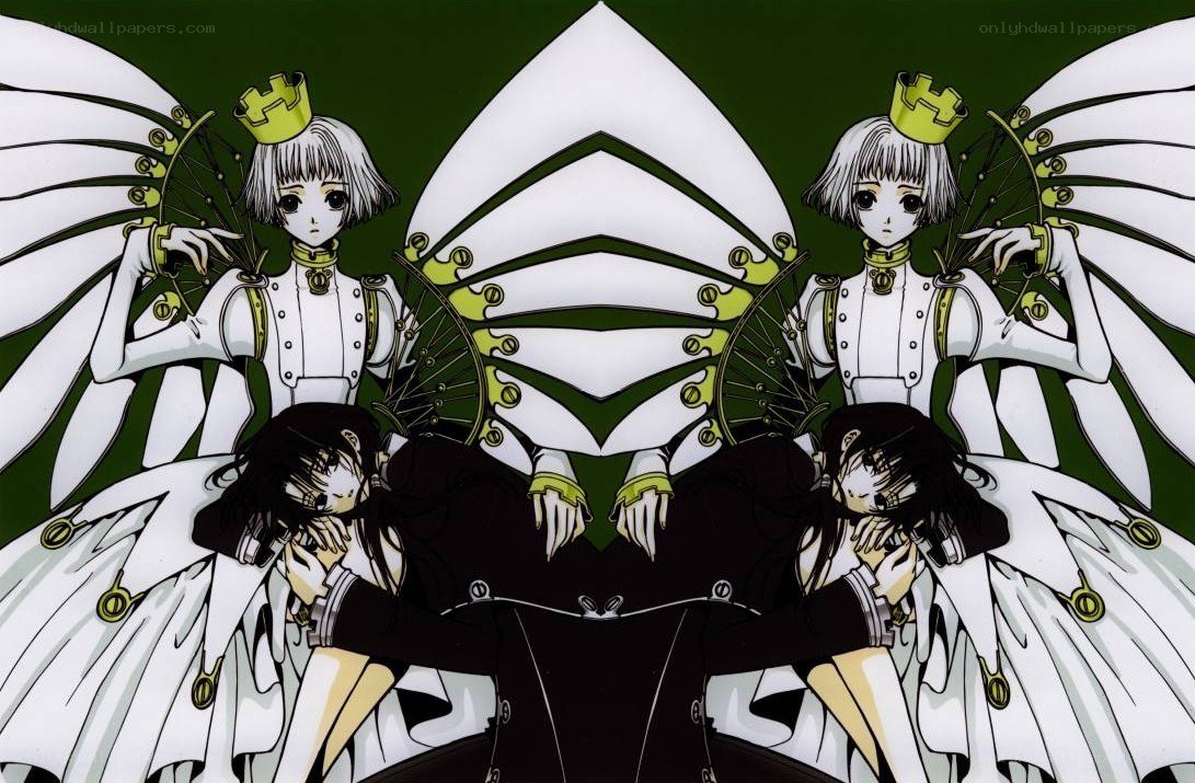 Two angels with black figures