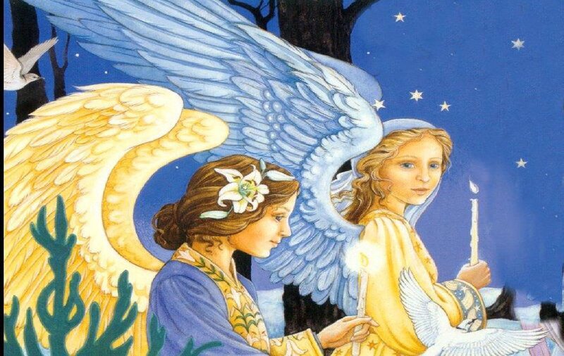 Two Angels with Candles — Blue, Serene, Night