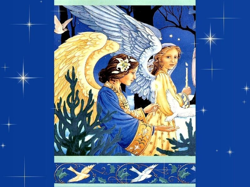 Two Angels with Candles — Blue, Serene