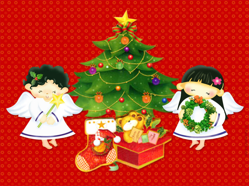 Two Angels with Christmas Tree