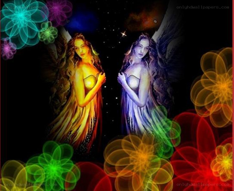 Two angels with colorful flowers