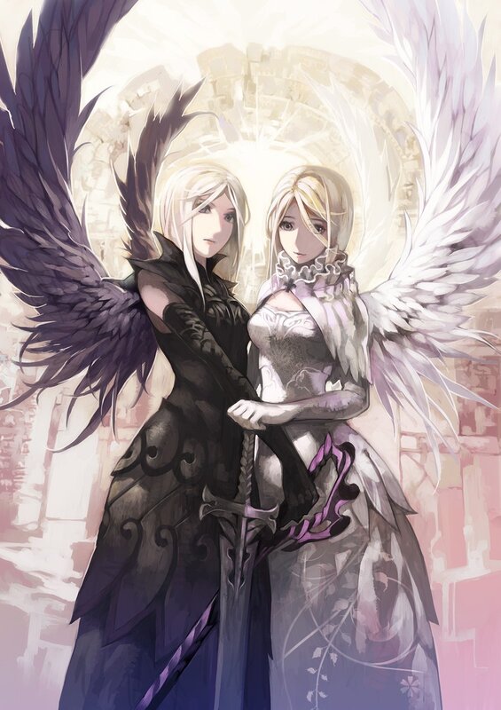 Two angels with opposing wings
