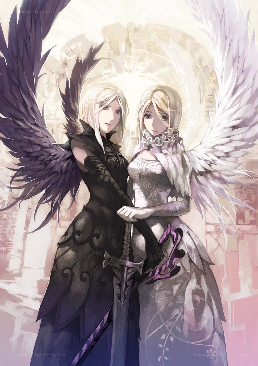 Two angels with opposing wings
