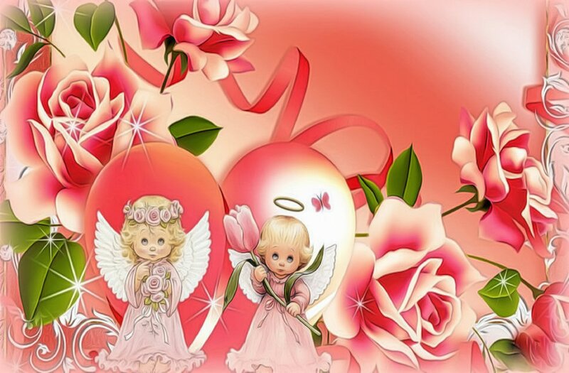 Two Angels with Roses — Pink, Romantic, Illustration