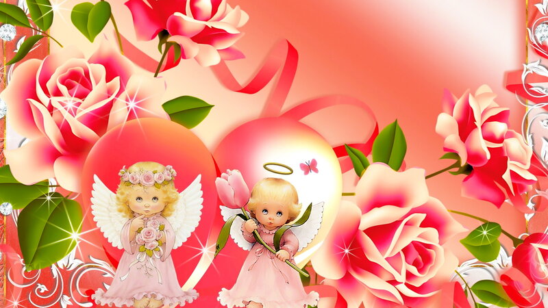 Two Angels with Roses — Pink, Romantic