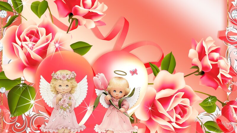 Two Angels with Roses — Pink