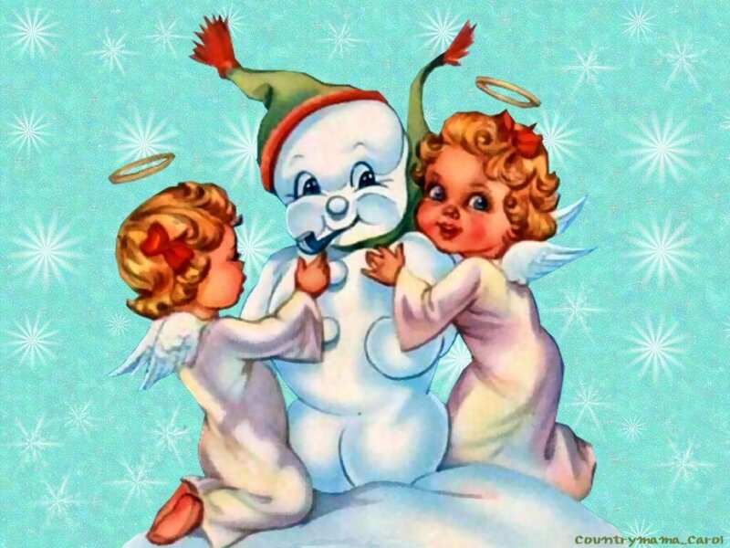 Two Angels with Snowman — Blue