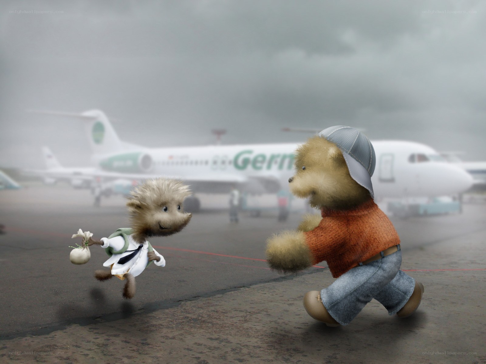 Two animals running on tarmac