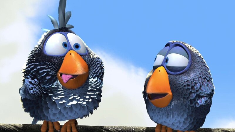 Two Animated Birds — Blue, Playful, Afternoon