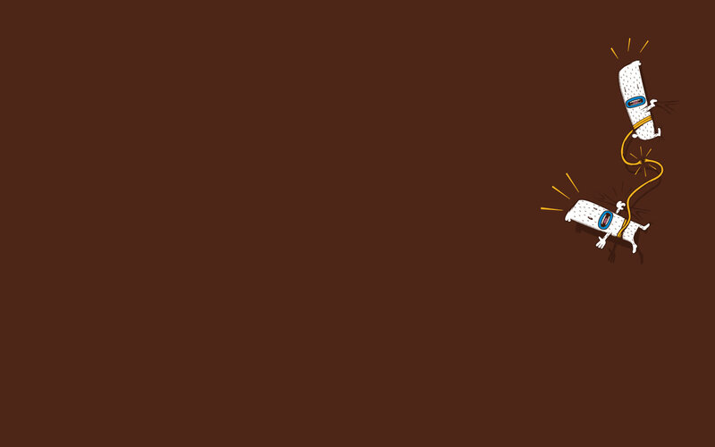 two animated characters connected by wire