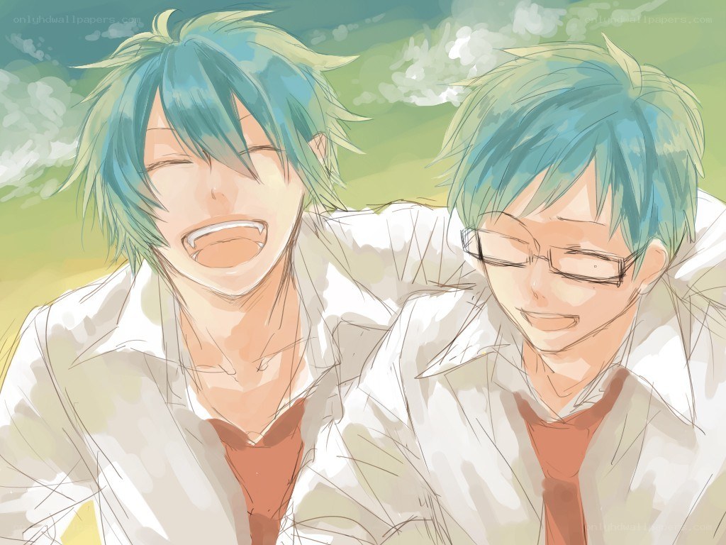Two anime boys laughing together