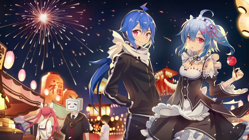 Two Anime Characters at Festival — Blue
