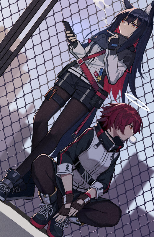 Two Anime Characters — Black, Calm, Chain-link Fence