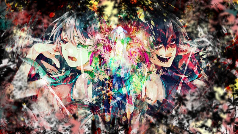 Two Anime Characters — Black, Chaotic, Digital Art, Splatter, Colorful