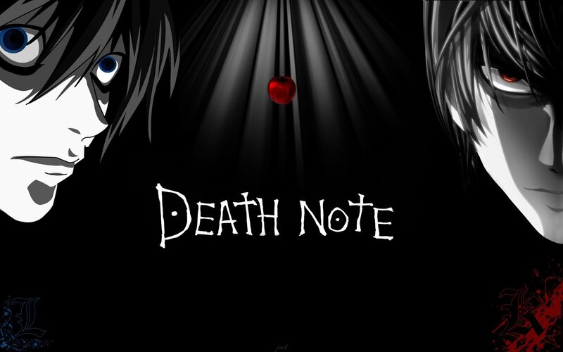 Two Anime Characters — Black, Dramatic, Apple, Light Rays, Text