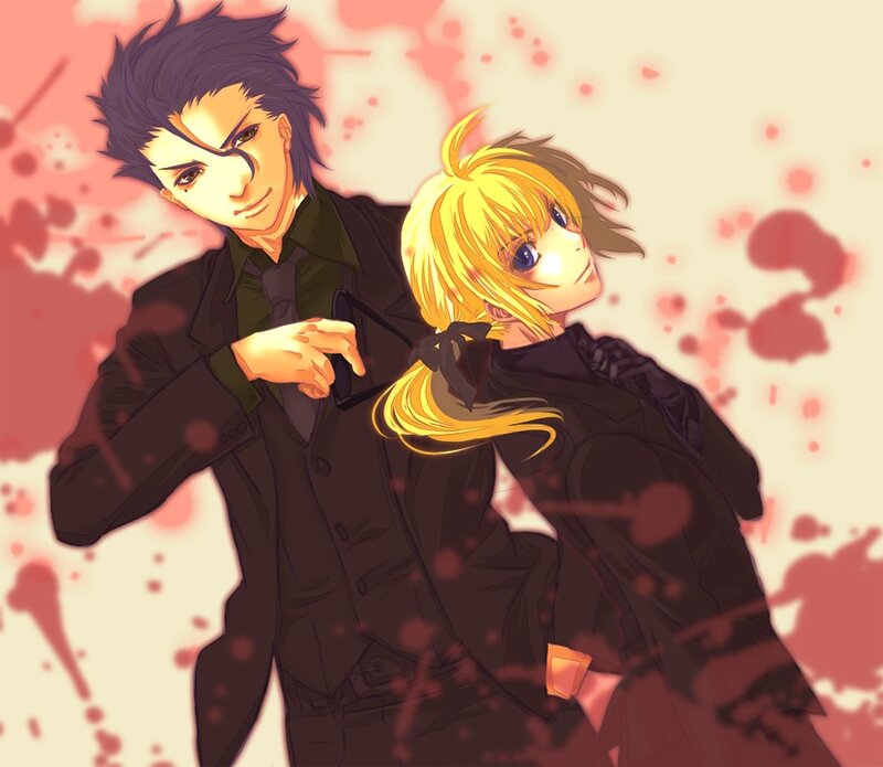 Two Anime Characters — Black, Dramatic, Blood Splatters, Suits