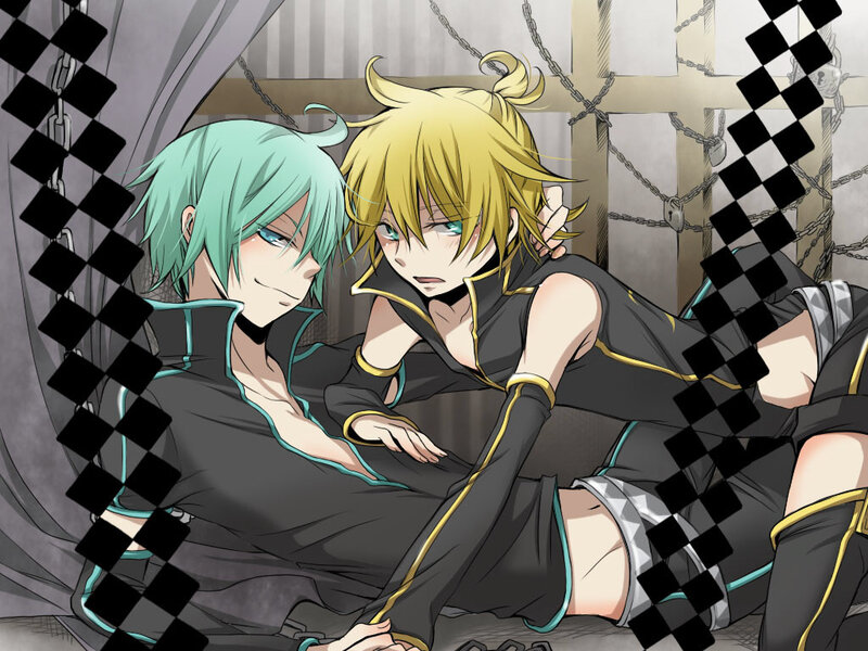 Two Anime Characters — Black, Dramatic, Chains, Checkered Pattern