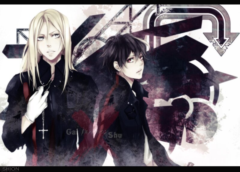 Two Anime Characters — Black, Dramatic, Cross Necklace, Black Coats