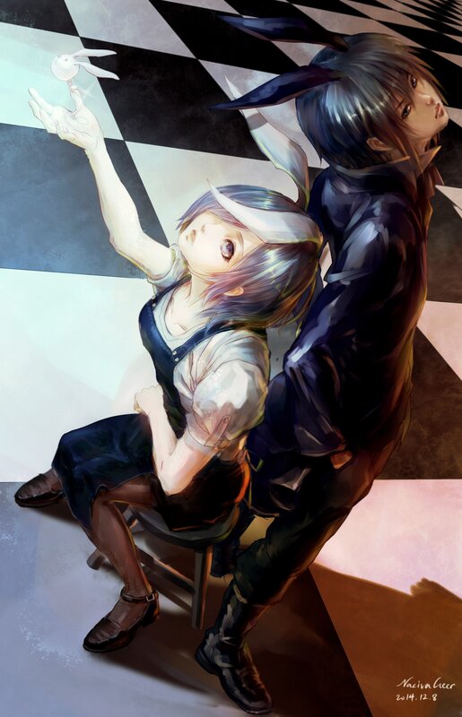 Two Anime Characters — Black, Dramatic, Digital Art, Chessboard Floor