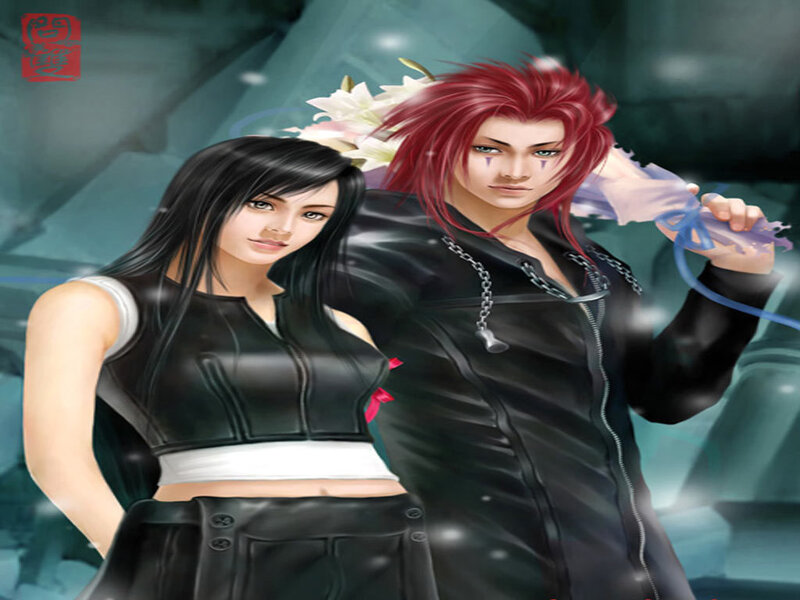 Two Anime Characters — Black, Dramatic, Digital Art, Red Hair
