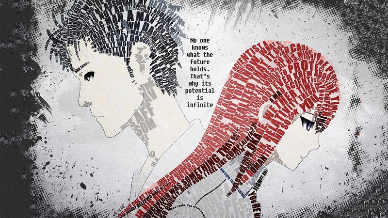 Two Anime Characters — Black, Dramatic, Digital Art, Text Art